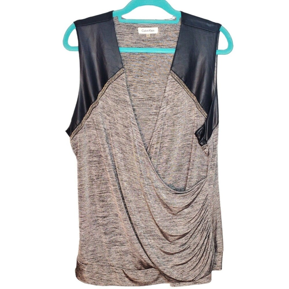 Calvin Klein Top Faux Leather Wrap Sleeveless Blouse 2X